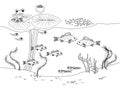 Coloring page with underwater pond landscape with perches fishes, tadpoles, frog and aquatic plants. Pond ecosystem